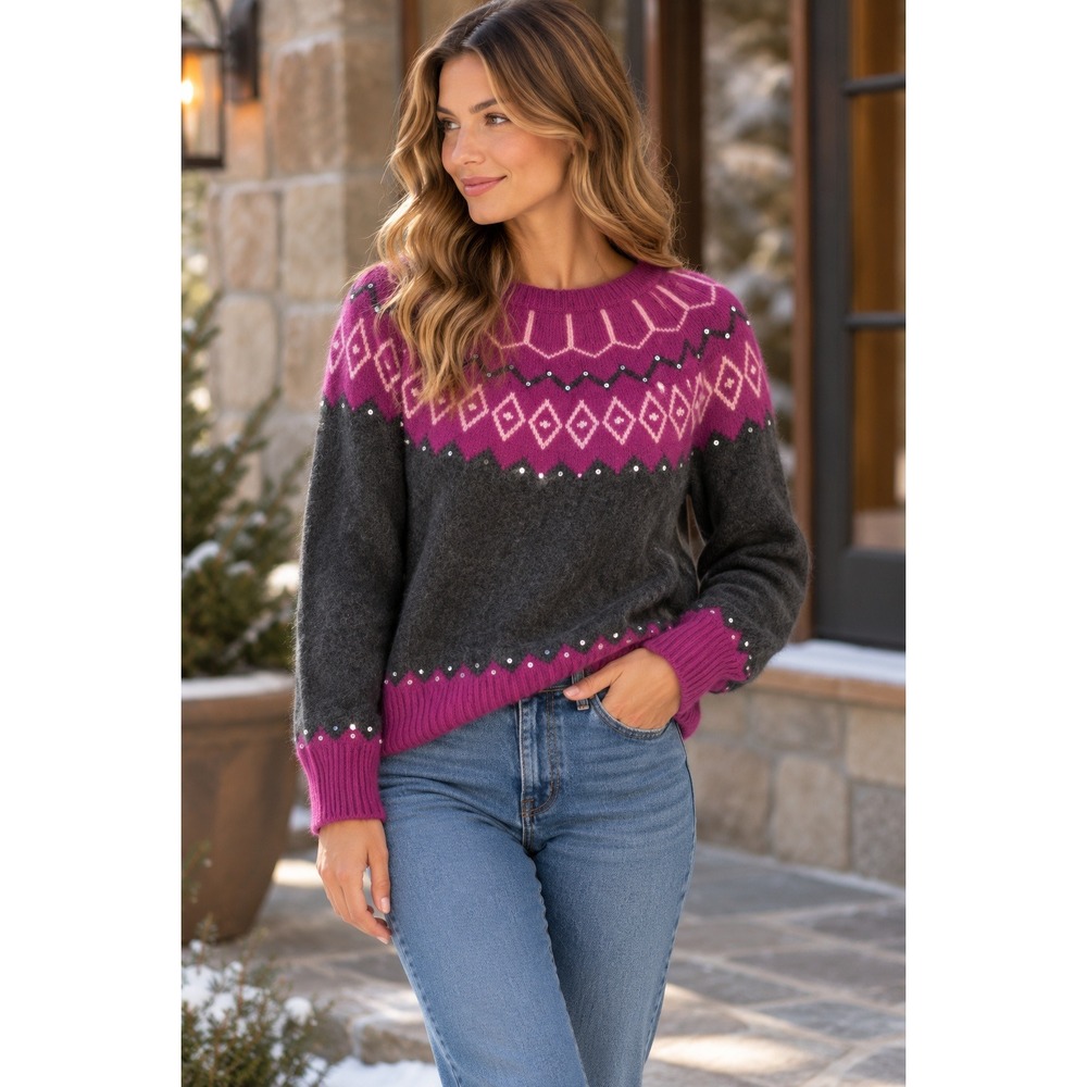 VTG! Context Wool Angora Blend Fair Isle Sequin Sweater Magenta Charcoal Gray XL